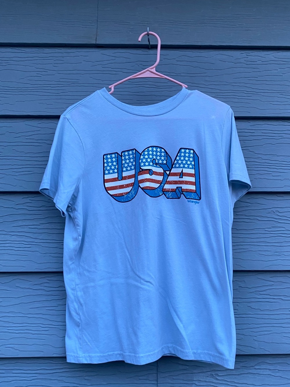 Woman’s large Wrangler Light Blue Crewneck Tee U.S.A. patriotic